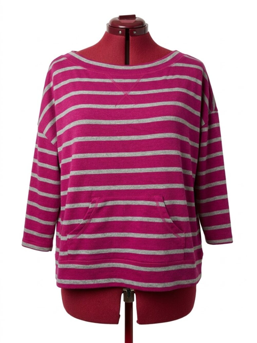Razzle Dazzle | Striped Boat Neck Pullover with Pocket Pink & White Top  | LARGE